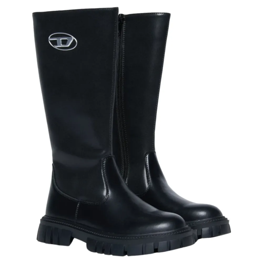 Elegante e hohe Stiefel mit ovalem Metall-Logo>Diesel Sale