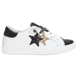 Weiße Ledersneakers mit Schwarzen und Goldenen Glitzerdetails>2STAR Clearance